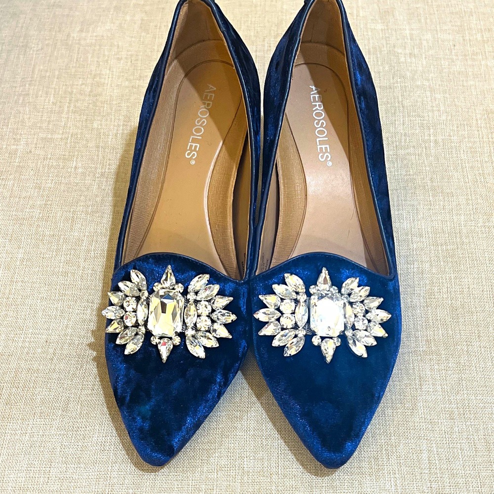 Aerosoles Women's Pointed Toe Slip-On Flats Blue Velvet Rhinestone Comfort 7.5M